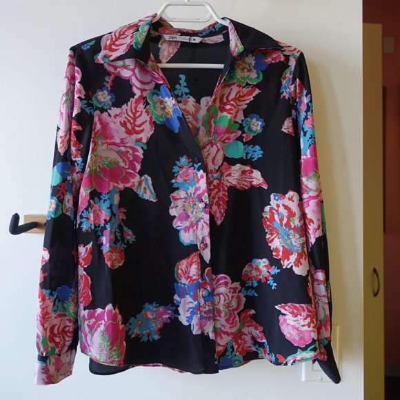 Zara black pink floral blouse shirt top S SM Small - Picture 4 of 16